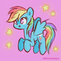 Size: 2048x2048 | Tagged: safe, artist:flutterberrypie, derpibooru import, rainbow dash, original species, pegasus, plush pony, pony, cute, dashabetes, female, g4, high res, image, jpeg, lavender background, mare, open mouth, open smile, plushie, signature, simple background, smiling, sparkles, spread wings, stars, wings