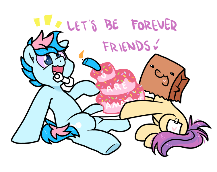 Size: 1260x1000 | Tagged: safe, artist:paperbagpony, derpibooru import, oc, oc:blue chewings, oc:paper bag, cake, candle, chew toy, fake cutie mark, food, image, png, simple background, sprinkles, white background