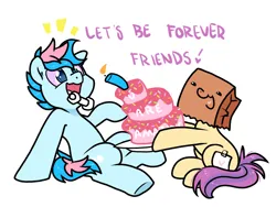 Size: 1260x1000 | Tagged: safe, artist:paperbagpony, derpibooru import, oc, oc:blue chewings, oc:paper bag, cake, candle, chew toy, fake cutie mark, food, image, png, simple background, sprinkles, white background