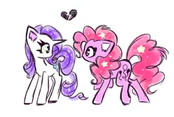 Size: 1751x1181 | Tagged: safe, artist:flutterberrypie, derpibooru import, pinkie pie, rarity, earth pony, pony, unicorn, colored pinnae, duo, duo female, female, g4, heart, heart eyes, horn, image, jpeg, lesbian, looking at each other, looking at someone, mare, raised hoof, raripie, shipping, simple background, sparkles, sparkly eyes, white background, wingding eyes