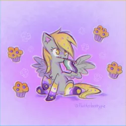 Size: 1080x1080 | Tagged: safe, artist:flutterberrypie, derpibooru import, derpy hooves, pegasus, pony, aromantic pride flag, clothes, cute, derpabetes, female, food, g4, image, jpeg, mare, mouth hold, mouthpiece, muffin, no pupils, nonbinary pride flag, politics, pride, pride flag, raised hoof, signature, sitting, smiling, socks, solo, spread wings, striped socks, wings