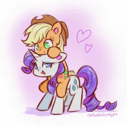 Size: 2048x2048 | Tagged: safe, artist:flutterberrypie, derpibooru import, applejack, rarity, earth pony, pony, unicorn, applejack riding rarity, applejack's hat, colored pinnae, cowboy hat, cute, duo, duo female, female, floating heart, freckles, g4, hat, heart, high res, horn, image, jackabetes, jpeg, lesbian, mare, no pupils, open mouth, ponies riding ponies, raribetes, rarijack, riding, shipping, signature, sparkles
