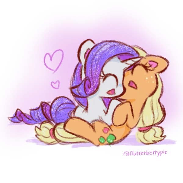 Size: 2048x2048 | Tagged: safe, artist:flutterberrypie, derpibooru import, applejack, rarity, earth pony, pony, unicorn, colored pinnae, cute, duo, duo female, eyes closed, female, floating heart, freckles, g4, hatless, heart, high res, horn, image, jackabetes, jpeg, lesbian, mare, missing accessory, open mouth, open smile, raribetes, rarijack, shipping, signature, smiling, sparkles