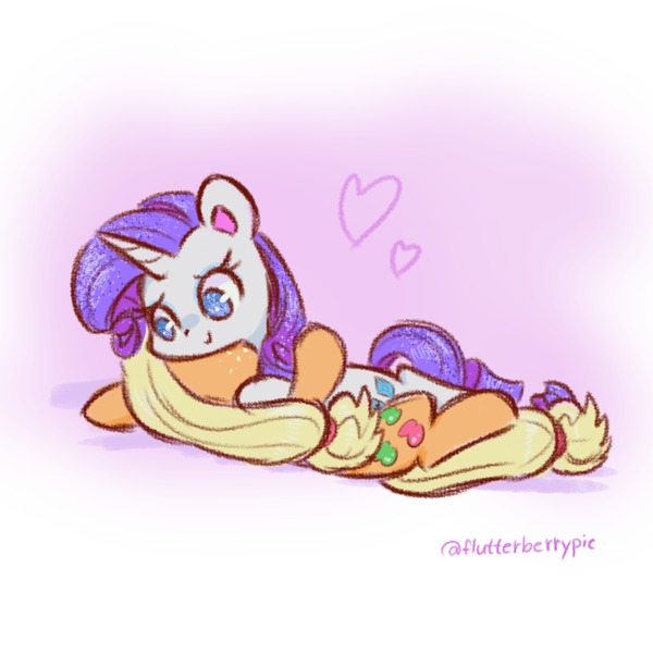 Size: 2048x2048 | Tagged: safe, artist:flutterberrypie, derpibooru import, applejack, rarity, earth pony, pony, unicorn, colored pinnae, cuddling, cute, duo, duo female, female, floating heart, freckles, g4, hatless, heart, high res, horn, image, jpeg, lesbian, lying down, mare, missing accessory, no pupils, raribetes, rarijack, shipping, signature, smiling, sparkles