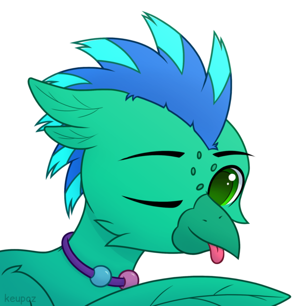 Size: 2048x2048 | Tagged: safe, artist:keupoz, derpibooru import, oc, oc:sky splash, unofficial characters only, hippogriff, beads, bust, closed eye, commission, freckles, hippogriff oc, image, png, portrait, simple background, tongue out, transparent background