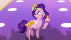 Size: 3072x1727 | Tagged: safe, derpibooru import, screencap, pipp petals, pegasus, pony, g5, my little pony: tell your tale, spoiler:g5, spoiler:my little pony: tell your tale, spoiler:tyts01e60, :o, female, image, jpeg, mane melody (location), mare, microphone, microphone stand, open mouth, perfume, scents of adventure, solo