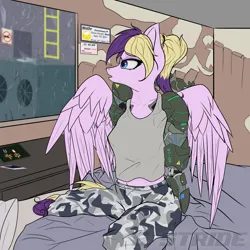Size: 4000x4000 | Tagged: safe, artist:shade stride, derpibooru import, oc, oc:heluva breeze, anthro, cyborg, pegasus, pony, bed, clothes, complex background, female, image, interior, mare, nighthaze, png, rain, sitting, solo, watermark, wings