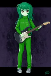 Size: 675x1000 | Tagged: safe, artist:uotapo, derpibooru import, wallflower blush, human, equestria girls, bocchi the rock!, clothes, cosplay, costume, electric guitar, female, guitar, image, jpeg, musical instrument, solo, tracksuit