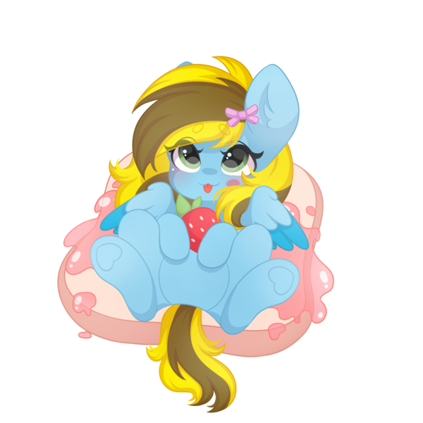 Size: 2000x2000 | Tagged: safe, artist:yomechka, derpibooru import, oc, oc:lucky bolt, unofficial characters only, pegasus, pony, :p, blushing, bow, bread, cute, female, food, green eyes, hair bow, image, looking up, lying down, mare, pegasus oc, png, simple background, strawberry, strawberry jam, toast, tongue out, transparent background, wings