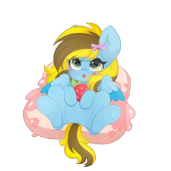 Size: 2000x2000 | Tagged: safe, artist:yomechka, derpibooru import, oc, oc:lucky bolt, unofficial characters only, pegasus, pony, :p, blushing, bow, bread, cute, female, food, green eyes, hair bow, image, looking up, lying down, mare, pegasus oc, png, simple background, strawberry, strawberry jam, toast, tongue out, transparent background, wings
