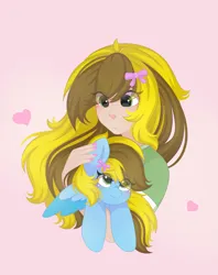 Size: 2513x3181 | Tagged: safe, artist:yomechka, derpibooru import, oc, oc:lucky bolt, unofficial characters only, human, pegasus, pony, bow, cute, female, hair bow, hair over one eye, heart, holding a pony, humanized, image, long hair, long mane, looking up, love, mare, pegasus oc, pet, petting, png, wings