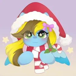 Size: 2000x2000 | Tagged: safe, artist:yomechka, derpibooru import, oc, oc:lucky bolt, unofficial characters only, pegasus, pony, bow, candy, candy cane, christmas, clothes, cute, female, food, gradient background, green eyes, hair bow, hair over one eye, hat, holiday, image, looking at you, mare, mistletoe, pegasus oc, png, santa hat, scarf, smiling, smiling at you, solo, starry eyes, wingding eyes, wings