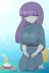 Size: 1664x2468 | Tagged: safe, artist:batipin, derpibooru import, maud pie, equestria girls, breasts, busty maud pie, feet, image, kneeling, looking at you, png, stone