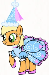 Size: 676x1038 | Tagged: safe, derpibooru import, applejack, earth pony, pony, clothes, drawing, dress, ear piercing, froufrou glittery lacy outfit, image, jewelry, necklace, piercing, png, princess, princess applejack, puffy sleeves, shoes, smiling