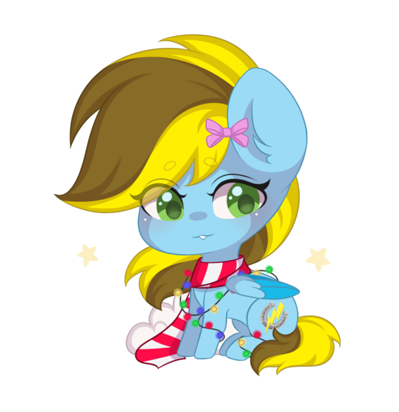 Size: 1448x1496 | Tagged: safe, artist:yomechka, derpibooru import, oc, oc:lucky bolt, unofficial characters only, pegasus, pony, bow, christmas, christmas lights, clothes, cute, cutie mark, female, folded wings, green eyes, hair bow, happy, holiday, image, mare, pegasus oc, png, scarf, simple background, sitting, smiling, string lights, striped scarf, transparent background, wings