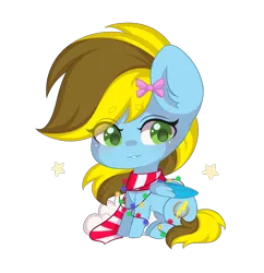 Size: 1448x1496 | Tagged: safe, artist:yomechka, derpibooru import, oc, oc:lucky bolt, unofficial characters only, pegasus, pony, bow, christmas, christmas lights, clothes, cute, cutie mark, female, folded wings, green eyes, hair bow, happy, holiday, image, mare, pegasus oc, png, scarf, simple background, sitting, smiling, string lights, striped scarf, transparent background, wings