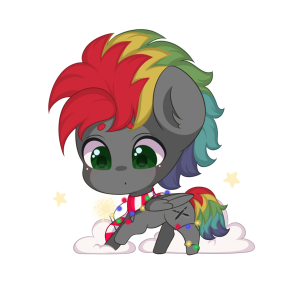 Size: 1632x1596 | Tagged: safe, artist:yomechka, derpibooru import, oc, oc:sliding bolt, unofficial characters only, pegasus, christmas, christmas lights, clothes, curious, cute, galloping, green eyes, holiday, image, looking down, male, multicolored hair, pegasus oc, png, running, scarf, simple background, snow, string lights, striped scarf, transparent background, wings