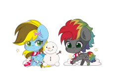 Size: 3167x2076 | Tagged: safe, artist:yomechka, derpibooru import, oc, oc:lucky bolt, oc:sliding bolt, unofficial characters only, pegasus, pony, bow, christmas, christmas lights, clothes, cutie mark, duo, female, green eyes, hair bow, holiday, image, male, male and female, mare, multicolored hair, pegasus oc, playing, png, running, scarf, simple background, sitting, snow, snowfall, snowman, string lights, striped scarf, transparent background, wings