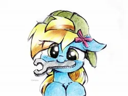 Size: 2047x1536 | Tagged: safe, artist:liaaqila, derpibooru import, oc, oc:lucky bolt, unofficial characters only, pegasus, pony, backwards ballcap, baseball cap, bow, bust, cap, cute, female, green eyes, hair bow, hair over one eye, hat, image, jpeg, looking at you, mare, mechanic, pegasus oc, simple background, white background, wings, wrench