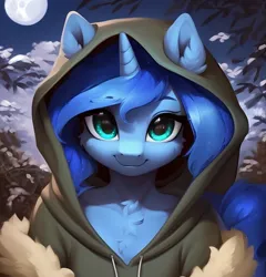 Size: 1536x1600 | Tagged: safe, derpibooru import, machine learning generated, stable diffusion, princess luna, alicorn, anthro, pony, ai content, bust, cheek fluff, chest fluff, clothes, cute, ear fluff, female, full moon, generator:purplesmart.ai, hood, hoodie, image, jpeg, looking at you, lunabetes, mare, moon, outdoors, portrait, prompter:nightluna, sky, smiling, smiling at you, solo