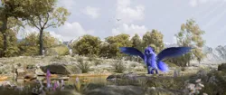 Size: 3440x1440 | Tagged: safe, artist:thelunagames, derpibooru import, princess luna, alicorn, pony, 3d, 3d model, canterlot, cinema4d, horn, image, jpeg, mounting, render, rock, solo, spread wings, tree, water, wings