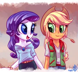 Size: 1300x1200 | Tagged: safe, artist:whitediamonds, derpibooru import, applejack, rarity, human, equestria girls, applejack's hat, clothes, cowboy hat, duo, duo female, eyebrows, eyebrows visible through hair, female, freckles, g4, hat, holding hands, image, lesbian, looking at each other, looking at someone, open mouth, open smile, png, rarijack, rarijack daily, shipping, signature, smiling, straw in mouth
