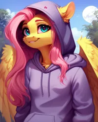 Size: 768x960 | Tagged: safe, derpibooru import, machine learning generated, stable diffusion, fluttershy, anthro, pegasus, ai content, cheek fluff, chest fluff, clothes, cute, ear fluff, female, generator:purplesmart.ai, hood, hoodie, image, moon, outdoors, png, prompter:nightluna, shyabetes, sky, smiling, solo, tree, wings