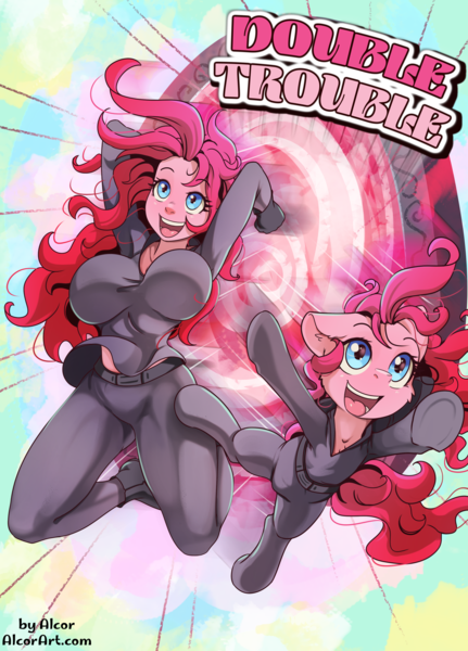 Size: 2550x3550 | Tagged: suggestive, artist:alcor, derpibooru import, pinkie pie, earth pony, human, pony, comic:double trouble (alcor), equestria girls, breasts, busty pinkie pie, cover, human ponidox, image, png, self paradox, self ponidox