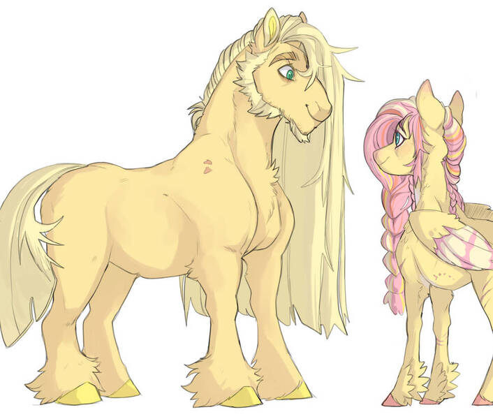 Size: 970x824 | Tagged: safe, artist:dingobreath, fluttershy, oc, oc:morning harvest, earth pony, pegasus, pony, alternate design, alternate hairstyle, beard, braid, colored hooves, colored wings, facial hair, female, folded wings, height difference, image, jpeg, leg fluff, long mane, looking at each other, magical lesbian spawn, male, mare, mother and child, mother and son, multicolored wings, offspring, parent:applejack, parent:fluttershy, parents:appleshy, scar, simple background, smiling at each other, stallion, standing, white background, wings
