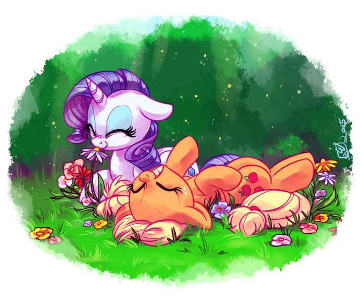 Size: 1525x1275 | Tagged: safe, artist:whitediamonds, derpibooru import, applejack, rarity, earth pony, pony, unicorn, g4, cute, duo, duo female, eyes closed, female, floppy ears, flower, freckles, grass, grin, hatless, horn, horses doing horse things, image, jackabetes, lesbian, lying down, mare, missing accessory, nose wrinkle, on back, png, prone, raribetes, rarijack, rarijack daily, scenery, shipping, signature, smiling, sniffing, spring, squee