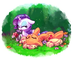 Size: 1525x1275 | Tagged: safe, artist:whitediamonds, derpibooru import, applejack, rarity, earth pony, pony, unicorn, cute, duo, duo female, eyes closed, female, floppy ears, flower, freckles, g4, grass, grin, hatless, horn, horses doing horse things, image, jackabetes, lesbian, lying down, mare, missing accessory, nose wrinkle, on back, png, prone, raribetes, rarijack, rarijack daily, shipping, signature, smiling, sniffing, spring, squee