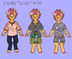 Size: 800x661 | Tagged: safe, artist:ask-trans-scoots, derpibooru import, scootaloo, pegasus, semi-anthro, ask trans scootaloo, bandage, bandaid, bandaid on nose, clothes, dyed mane, ear piercing, image, male, piercing, png, purple background, simple background, solo, trans male, transgender, tumblr:ask trans scootaloo