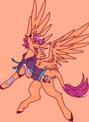 Size: 939x1280 | Tagged: safe, artist:ask-trans-scoots, derpibooru import, scootaloo, pegasus, alternate cutie mark, bandage, clothes, hoodie, image, jpeg, male, orange background, scar, self harm, self harm scars, simple background, smiling, solo, spread wings, teenager, trans male, transgender, tumblr:ask trans scootaloo, wings