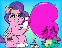 Size: 2275x1759 | Tagged: safe, artist:puffydearlysmith, derpibooru import, pipp petals, sparky sparkeroni, dragon, pegasus, pony, g5, baby, baby dragon, balloon, belly button, blowing up balloons, chubby, female, gradient background, happy, headband, heart, heart balloon, image, inflating, male, mare, open mouth, open smile, pipp is chubby, png, smiling