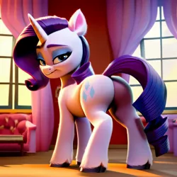 Size: 1536x1536 | Tagged: suggestive, derpibooru import, machine learning generated, stable diffusion, rarity, pony, unicorn, g5, ai content, butt, curtains, derpibooru exclusive, eyeshadow, female, g4, g4 to g5, generation leap, generator:pony diffusion v5, hooves, image, indoors, jpeg, lidded eyes, looking at you, looking back, looking back at you, makeup, mare, plot, prompter:siber, solo, unshorn fetlocks, window