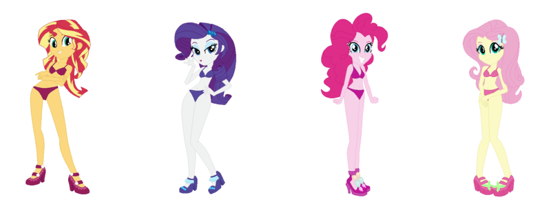 Size: 1736x672 | Tagged: safe, artist:lorenzodennis28, derpibooru import, fluttershy, pinkie pie, rarity, sunset shimmer, human, equestria girls, bikini, blowing a kiss, clothes, crossed arms, high heels, image, png, shoes, simple background, swimsuit, white background