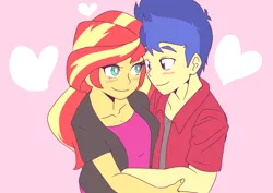 Size: 1800x1277 | Tagged: safe, artist:strugetdraw, derpibooru import, flash sentry, sunset shimmer, human, equestria girls, alternate clothes, blushing, clothes, duo, embrace, eyes closed, female, flashimmer, heart, image, looking at each other, looking at someone, male, pink background, png, shipping, simple background, straight