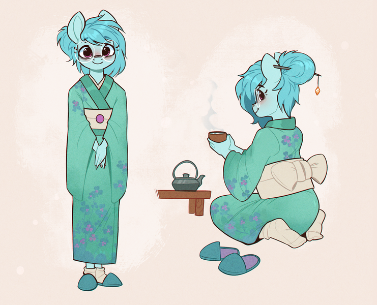 Size: 2555x2070 | Tagged: safe, artist:rexyseven, derpibooru import, oc, oc:whispy slippers, anthro, clothes, image, kimono (clothing), png, solo, teapot