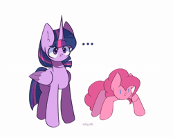 Size: 1000x800 | Tagged: safe, artist:miryelis, derpibooru import, pinkie pie, twilight sparkle, twilight sparkle (alicorn), alicorn, earth pony, pony, ..., action pose, animated, colored, dancing, female, gif, image, nuts, shitposting, signature, simple background, smiley face, standing, wat, white background
