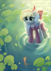 Size: 1733x2400 | Tagged: safe, artist:feelgood, derpibooru import, oc, oc:blazey sketch, unofficial characters only, fish, pegasus, bow, clothes, green eyes, grey fur, hair bow, image, lilypad, multicolored hair, pegasus oc, png, small wings, smiling, solo, sweater, water, wings