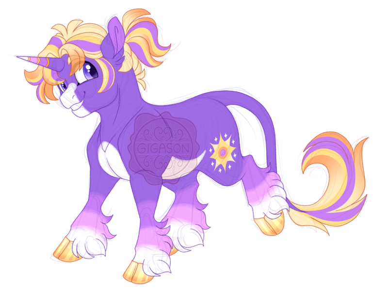 Size: 3600x2700 | Tagged: safe, artist:gigason, derpibooru import, oc, oc:sunset spiral, unofficial characters only, pony, unicorn, cloven hooves, image, magical lesbian spawn, male, obtrusive watermark, offspring, parent:sunshine smiles, parent:twilight sparkle, png, simple background, solo, stallion, transparent background, unshorn fetlocks, watermark