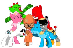 Size: 778x517 | Tagged: safe, artist:livingonlaughs, derpibooru import, cyclops pony, ponified, cat, cyclops, dragon, earth pony, ghost, ghost pony, monster pony, pony, robot, robot pony, undead, brobee, cat-dracony, cat-dragon, dj lance rock, female, flower, flower bubble, flower bubble pony, foofa, g4, gooble, group, hug, image, male, mare, monster, muno, plex, png, rule 85, simple background, stallion, toodee, transparent background, yo gabba gabba!