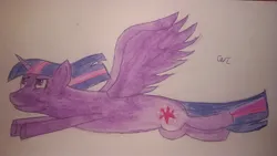 Size: 1920x1080 | Tagged: safe, artist:пшеница, derpibooru import, twilight sparkle, twilight sparkle (alicorn), alicorn, pony, acrylic painting, derpibooru exclusive, female, flying, image, jpeg, mare, simple background, solo, spread wings, traditional art, watercolor painting, wings