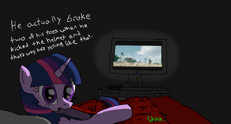 Size: 800x430 | Tagged: safe, artist:pinkiecel, ponerpics import, ponybooru import, twilight sparkle, oc, oc:anon, human, bed, image, lord of the rings, png, ponybooru exclusive, television, tv lighting, twilight being twilight