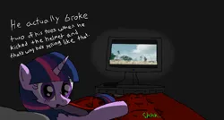Size: 800x430 | Tagged: safe, artist:pinkiecel, ponerpics import, ponybooru import, twilight sparkle, oc, oc:anon, human, bed, image, lord of the rings, png, ponybooru exclusive, television, twilight being twilight