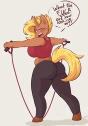 Size: 1520x2157 | Tagged: suggestive, artist:mukitsune, derpibooru import, oc, oc:ausrine, anthro, unguligrade anthro, unicorn, angry, belly, big breasts, blonde, blonde hair, blonde tail, blushing, breasts, busty oc, butt, clothes, dialogue, exercise, exeron outfit, eyelashes, female, female oc, horn, image, large butt, looking at you, midriff, narrowed eyes, open mouth, over the shoulder, pants, png, rear view, short hair, sideboob, solo, speech bubble, sweat, sweatdrops, tail, thighs, thunder thighs, unicorn horn, unicorn oc, vulgar, yelling, yoga pants