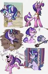 Size: 1313x2000 | Tagged: safe, artist:disaterror, derpibooru import, starlight glimmer, pony, chibi, choker, creepy, creepy smile, crossed hooves, curved horn, eyes closed, happy, horn, image, jpeg, lidded eyes, looking at you, our town, s5 starlight, singing, smiling, solo, sparkles, staff, staff of sameness, sweat, wide eyes