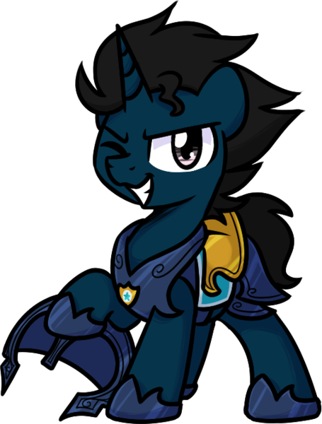 Size: 510x672 | Tagged: safe, artist:sugar morning, derpibooru import, oc, oc:slashing prices, unofficial characters only, pony, unicorn, armor, badge, commission, grin, helmet, hoof shoes, horn, image, looking at you, male, one eye closed, png, royal guard, royal guard armor, smiling, stallion, tack, unicorn oc, wink, winking at you