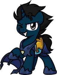 Size: 510x672 | Tagged: safe, artist:sugar morning, derpibooru import, oc, oc:slashing prices, unofficial characters only, pony, unicorn, armor, badge, commission, grin, helmet, hoof shoes, horn, image, looking at you, male, one eye closed, png, royal guard, royal guard armor, smiling, stallion, tack, unicorn oc, wink, winking at you