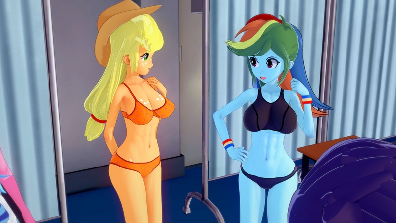 Size: 1920x1080 | Tagged: suggestive, artist:hornydogo, derpibooru import, applejack, rainbow dash, equestria girls, 3d, belly, belly button, bikini, black bikini, clothes, image, jpeg, koikatsu, swimsuit